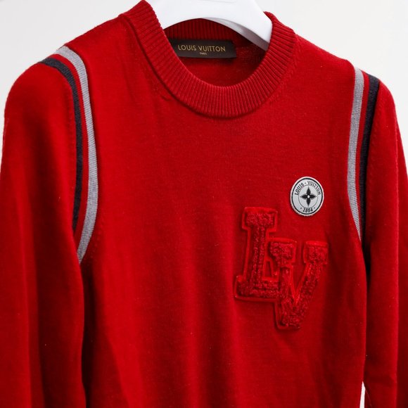 Louis Vuitton Vintage Red Wool Varsity Crewneck Sweater - Picture 2 of 10